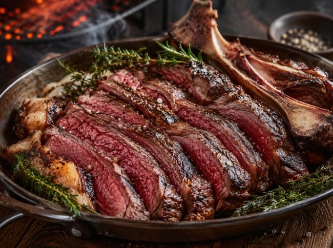 Côte de bœuf tranchée et saignante cuite au barbecue